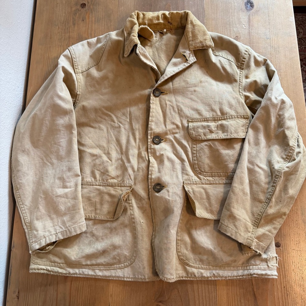 Vintage French Chore Jacket Size Medium 22x27 Corduroy Collar Distressed Hunting